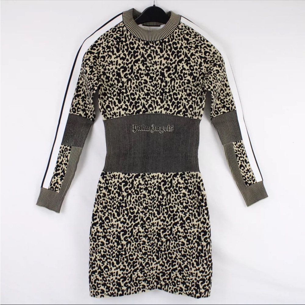 NWT Palm Angels Long-Sleeve Knit Animalier Knit Dress in Beige/Black S